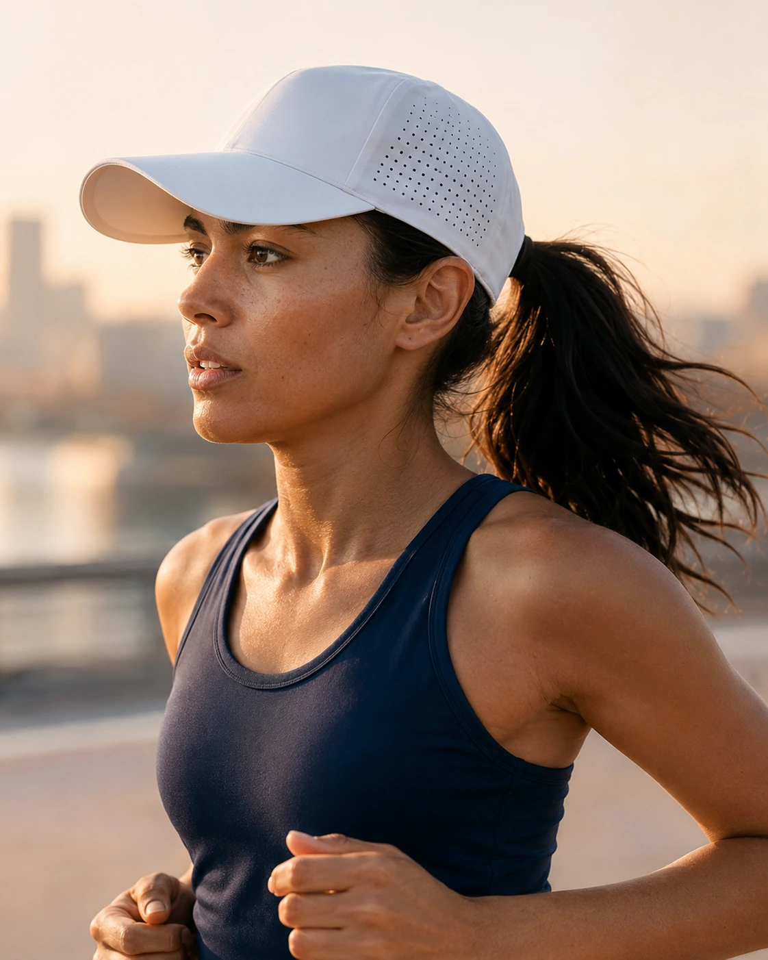 Runner wearing a laser-perforated performance cap